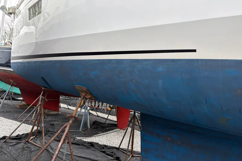  Yacht Photos Pics Beneteau Oceanis 38.1 sailboat, 2021 model, on stands for maintenance.