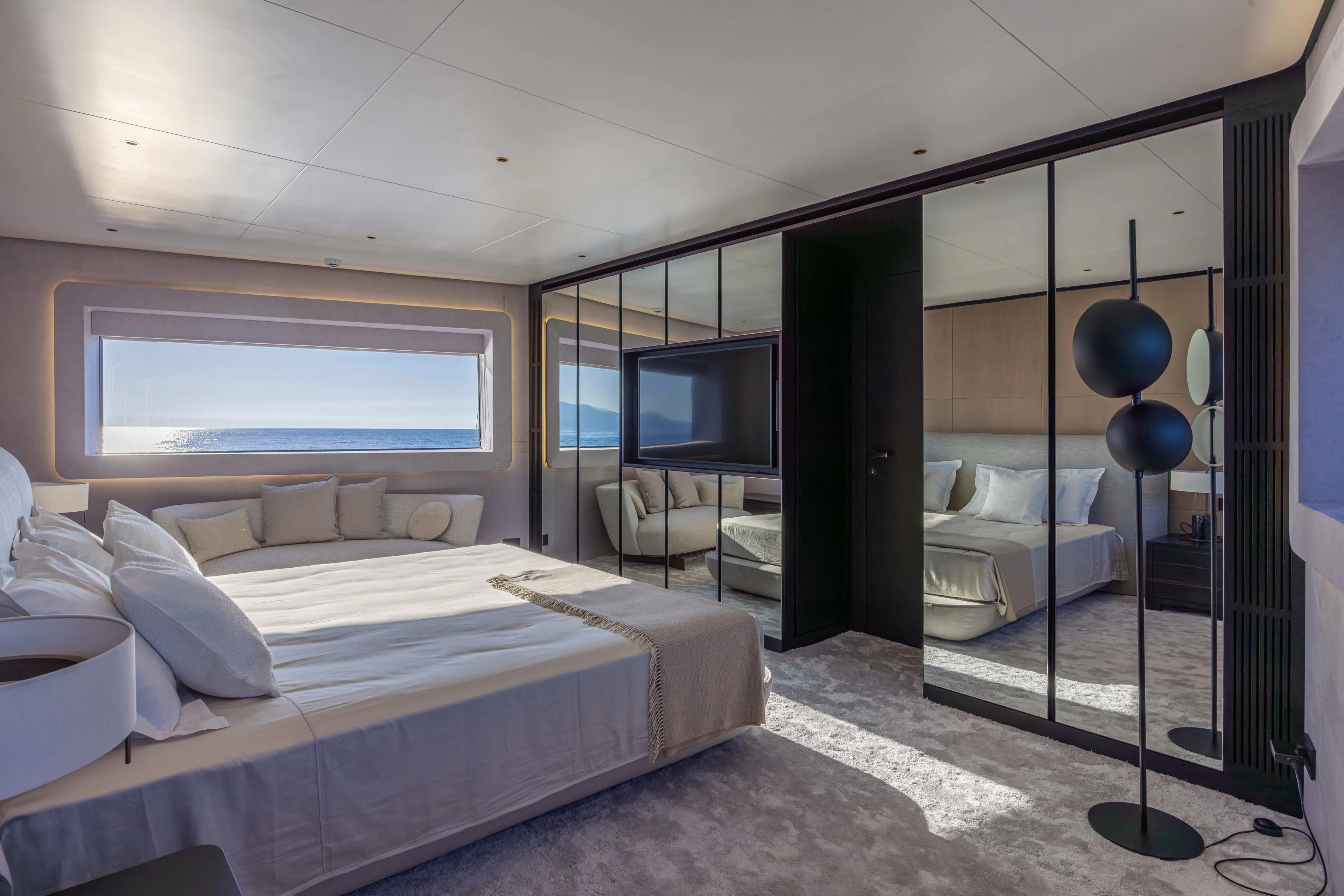  Yacht Photos Pics Luxurious bedroom interior of 2024 Arcadia Yachts A96, featuring ocean view and modern design.