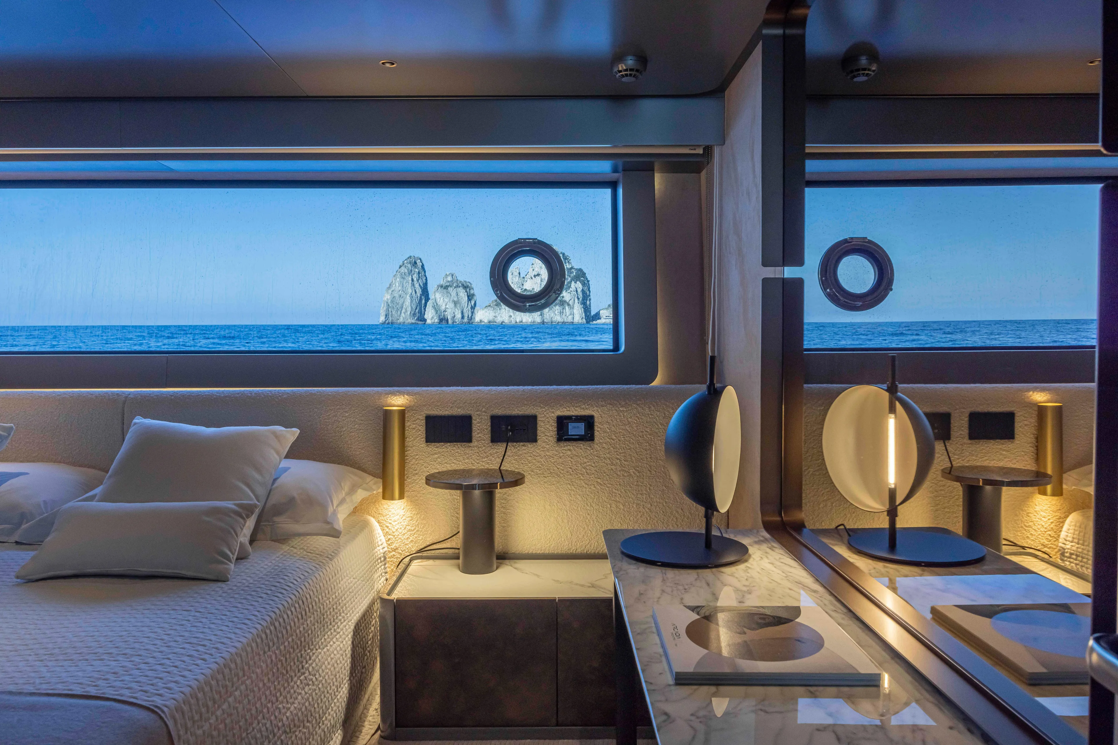  Yacht Photos Pics Luxurious Arcadia A96 yacht interior with ocean view, modern decor, and elegant lighting, 2024 model.