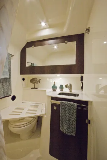 Libra Yacht Photos Pics 2016 Monterey 360 Sport Coupe bathroom with modern fixtures and elegant decor.