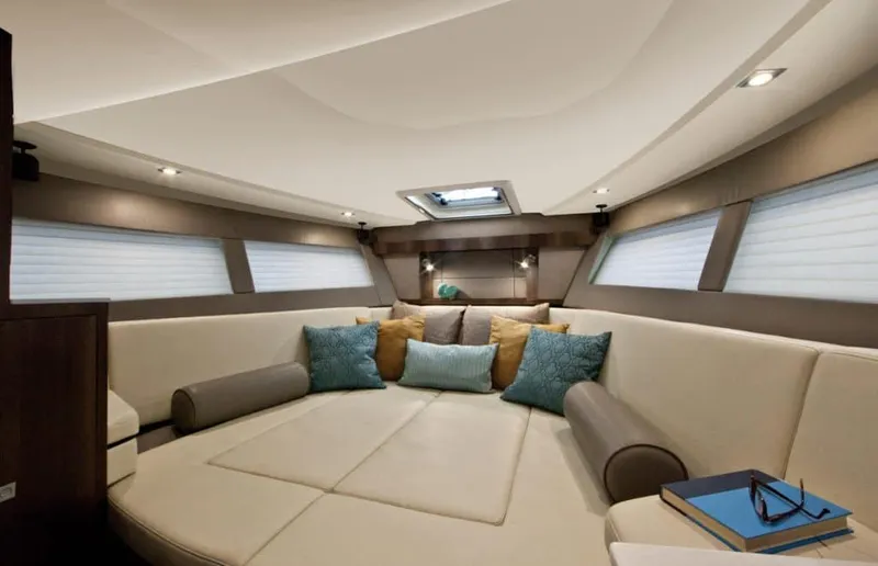 Libra Yacht Photos Pics Luxurious interior of 2016 Monterey 360 Sport Coupe with plush seating and modern design.