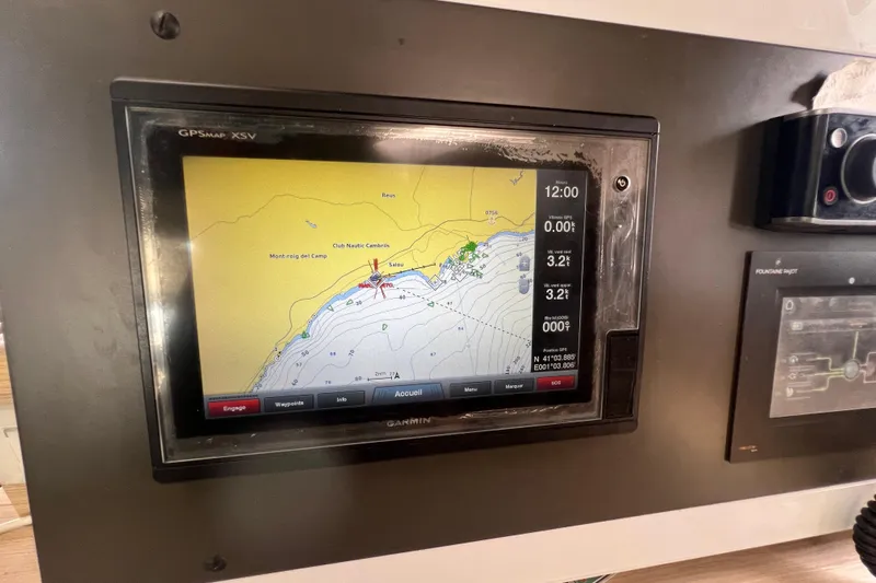B&b Yachts Yacht Photos Pics Garmin GPS display on 2019 Fountaine Pajot SABA 50 yacht, showing nautical map and coordinates.