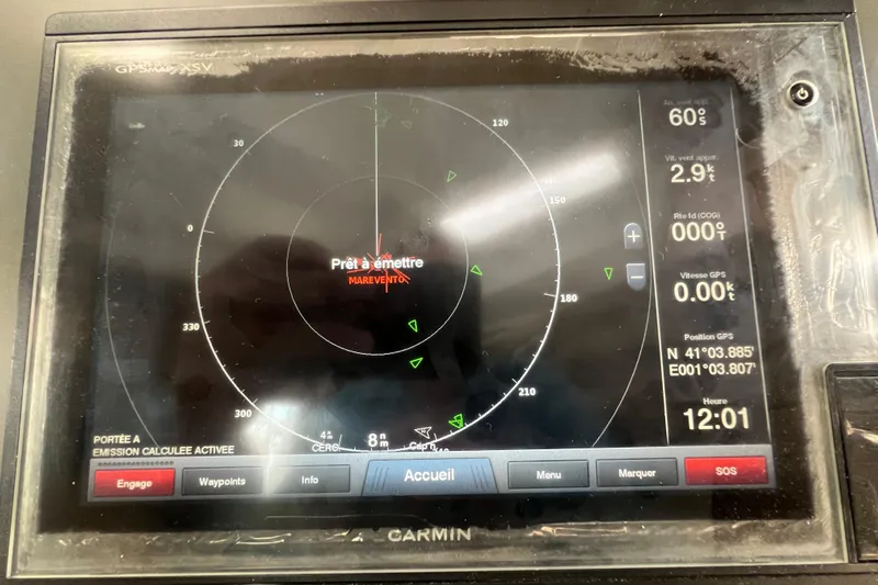 B&b Yachts Yacht Photos Pics Garmin GPS display on 2019 Fountaine Pajot SABA 50, showing navigation and speed data.