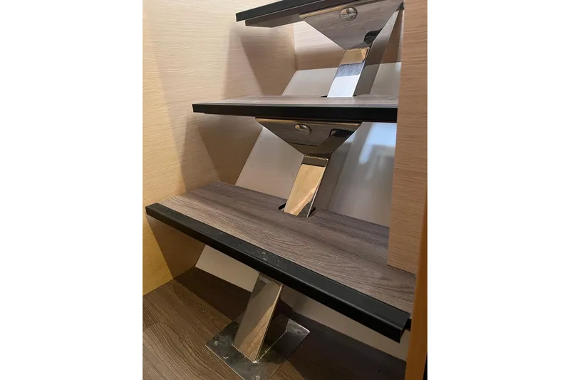 B&b Yachts Yacht Photos Pics Staircase detail on 2019 Fountaine Pajot SABA 50 yacht, featuring modern design and materials.