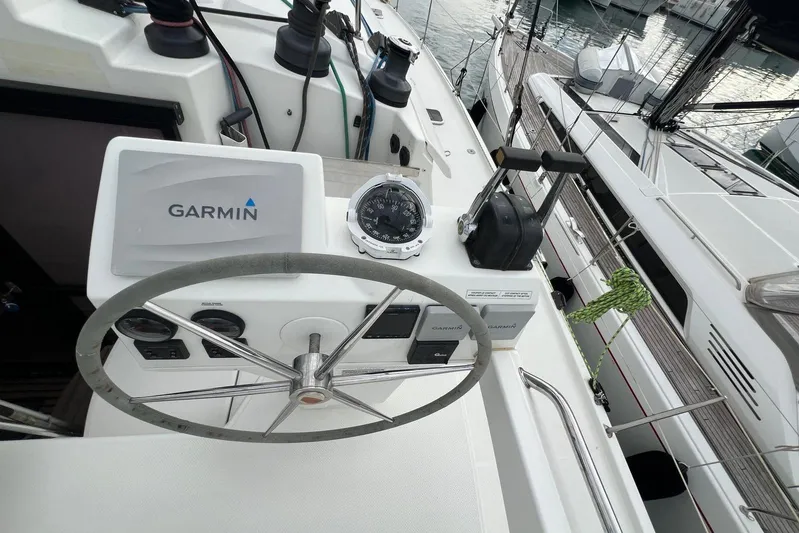 B&b Yachts Yacht Photos Pics Helm of 2019 Fountaine Pajot SABA 50 catamaran with Garmin navigation system.