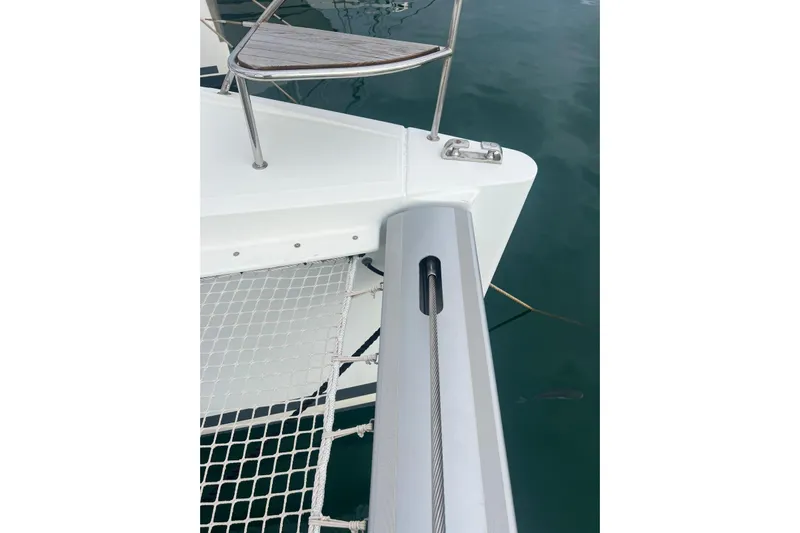 B&b Yachts Yacht Photos Pics 2019 Fountaine Pajot SABA 50 catamaran deck with netting and railing detail.