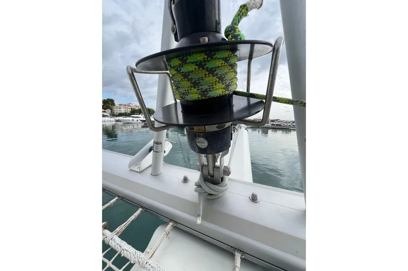 B&b Yachts Yacht Photos Pics Close-up of 2019 Fountaine Pajot SABA 50 sailboat rigging in a marina setting.