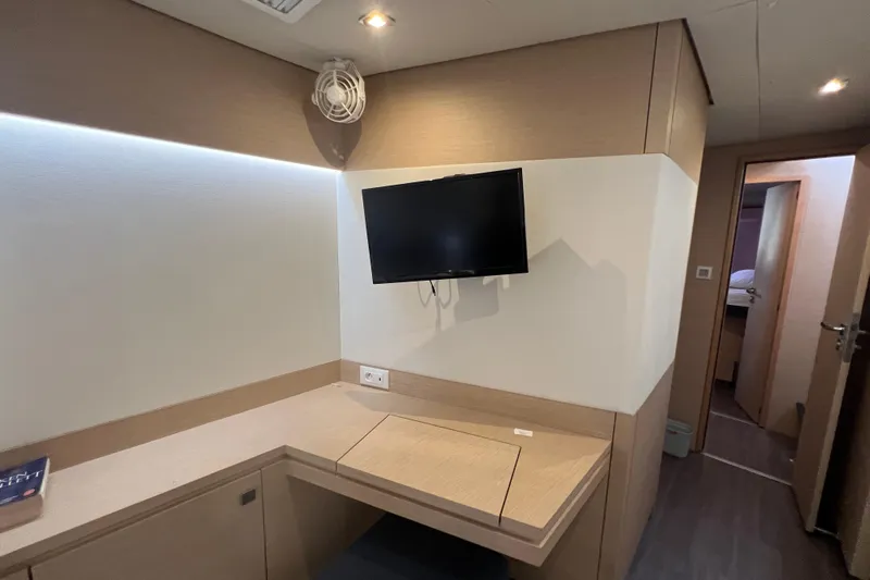 B&b Yachts Yacht Photos Pics Interior of 2019 Fountaine Pajot SABA 50 yacht with TV and modern furnishings.