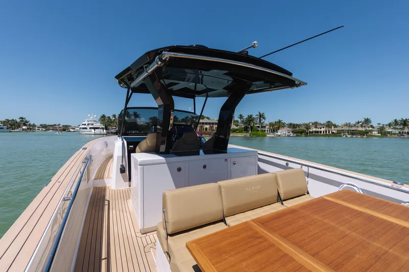  Yacht Photos Pics 2025 Pardo Yachts P38 on serene water, featuring sleek design and spacious deck.