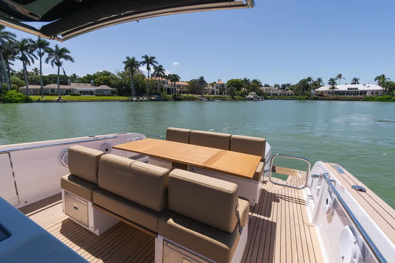  Yacht Photos Pics 2025 Pardo Yachts P38 luxury yacht with elegant seating, scenic waterfront view.