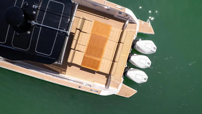  Yacht Photos Pics Aerial view of 2025 Pardo Yachts P38 with triple outboard engines and spacious deck.