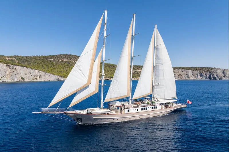 The Langley Yacht Photos Pics Aegean Yacht 3 Mast Schooner sailing in clear blue waters, 2009 model.