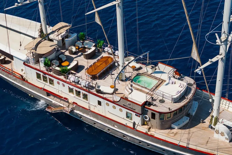 The Langley Yacht Photos Pics Luxurious 2009 Aegean Yacht 3 Mast Schooner with deck seating and jacuzzi on open sea.