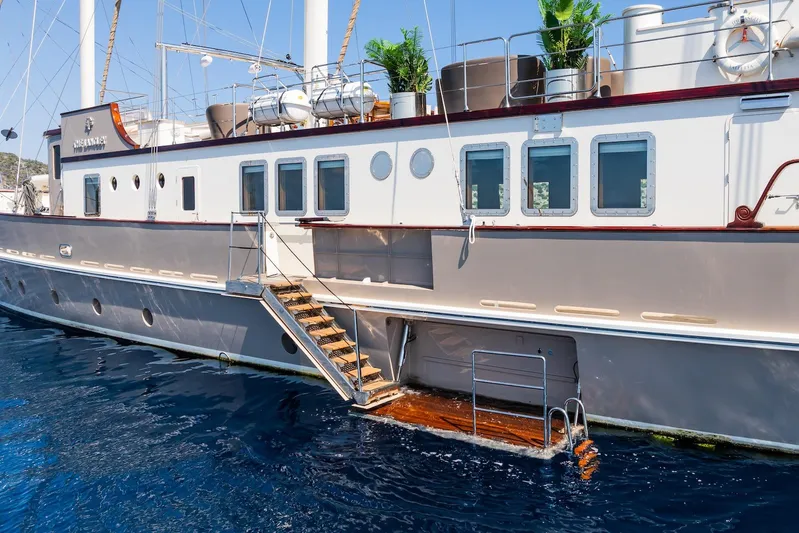 The Langley Yacht Photos Pics Aegean Yacht 3 Mast Schooner, 2009, with elegant exterior and water access stairs.