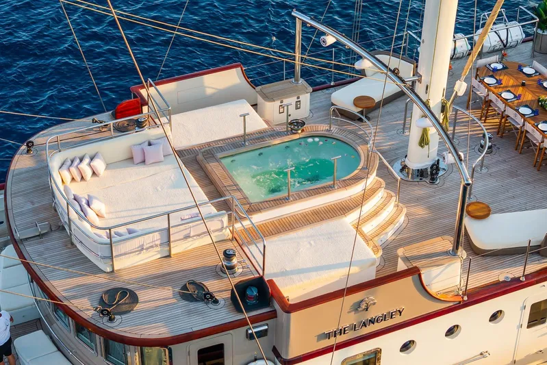 The Langley Yacht Photos Pics Luxurious 2009 Aegean Yacht 3 Mast Schooner with jacuzzi and elegant deck dining area.