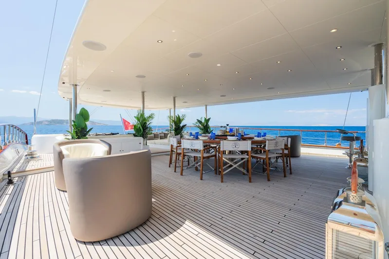 The Langley Yacht Photos Pics Luxurious deck of 2009 Aegean Yacht 3 Mast Schooner with elegant seating and ocean view.