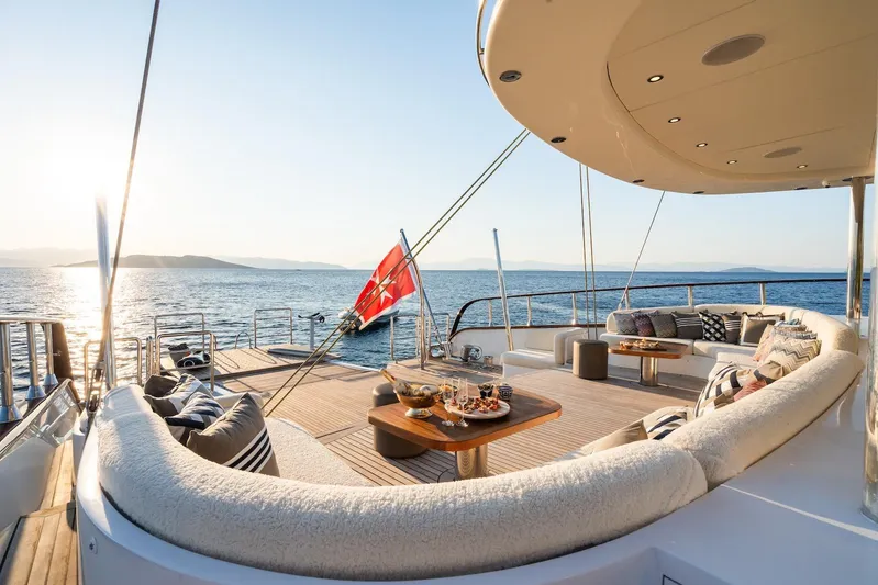 The Langley Yacht Photos Pics Luxurious 2009 Aegean Yacht 3 Mast Schooner deck with elegant seating and ocean view.