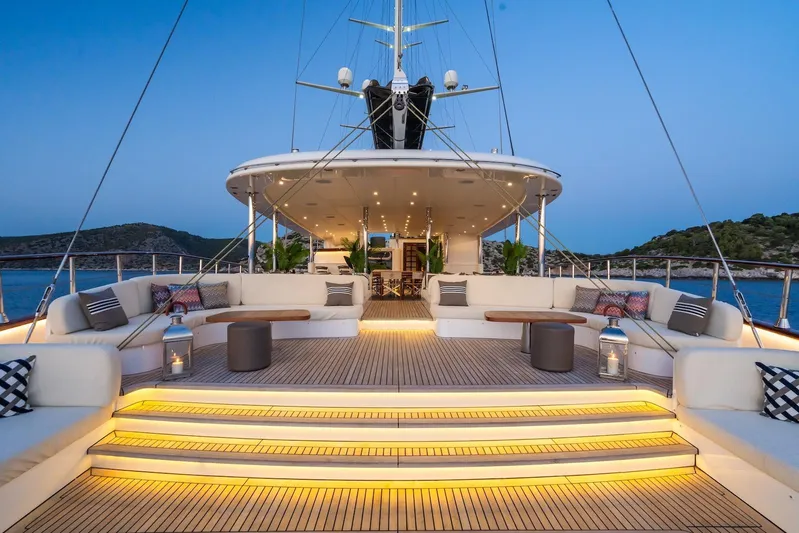 The Langley Yacht Photos Pics Luxurious 2009 Aegean Yacht 3 Mast Schooner deck with elegant seating and ambient lighting.