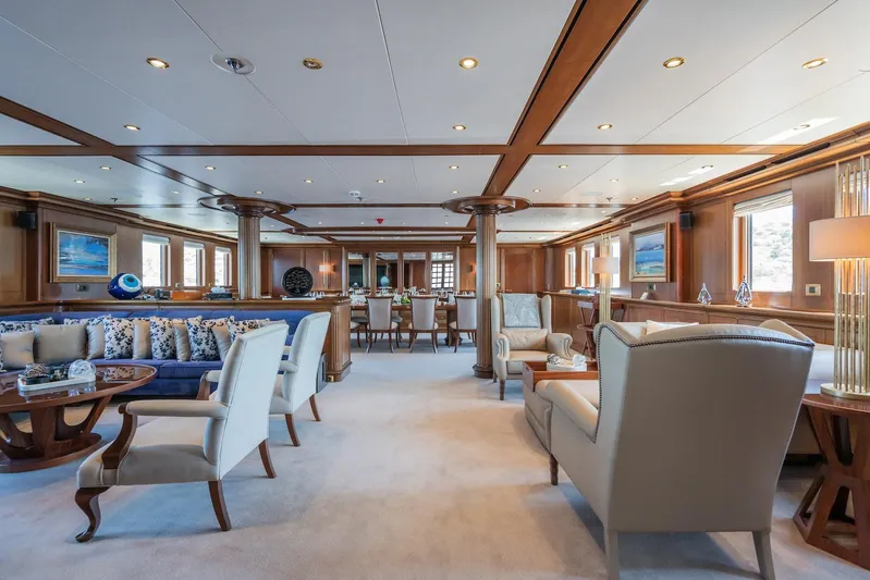 The Langley Yacht Photos Pics Luxurious interior of 2009 Aegean Yacht 3 Mast Schooner with elegant seating and wooden accents.