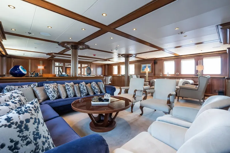 The Langley Yacht Photos Pics Luxurious interior of 2009 Aegean Yacht 3 Mast Schooner with elegant seating and wooden accents.