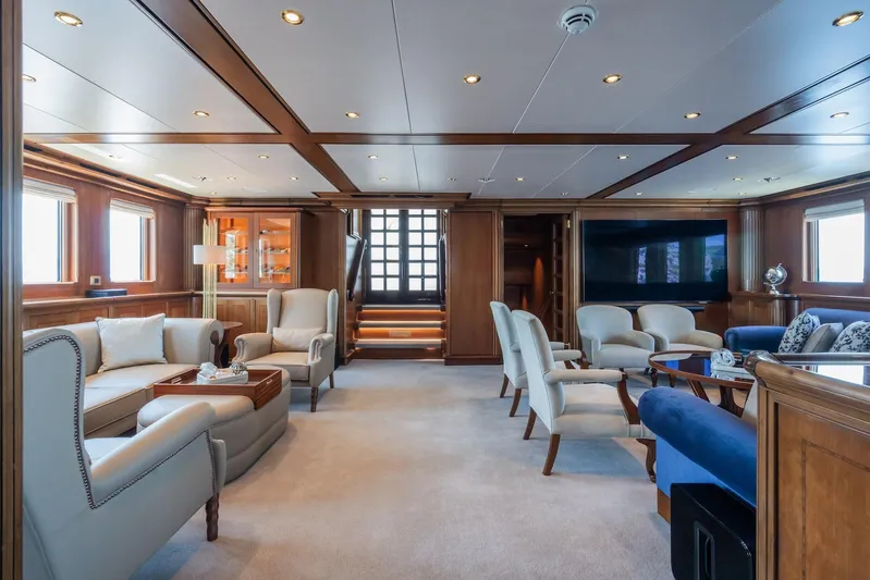 The Langley Yacht Photos Pics Luxurious interior of 2009 Aegean Yacht 3 Mast Schooner with elegant seating and wood paneling.