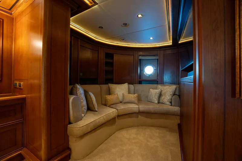 The Langley Yacht Photos Pics Luxurious interior of 2009 Aegean Yacht 3 Mast Schooner with plush seating and wood paneling.