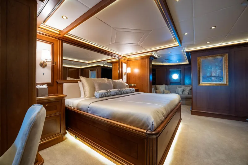 The Langley Yacht Photos Pics Luxurious cabin interior of 2009 Aegean Yacht 3 Mast Schooner, featuring elegant wood paneling.