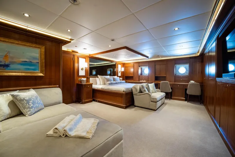 The Langley Yacht Photos Pics Luxurious cabin interior of 2009 Aegean Yacht 3 Mast Schooner, featuring elegant wood paneling.