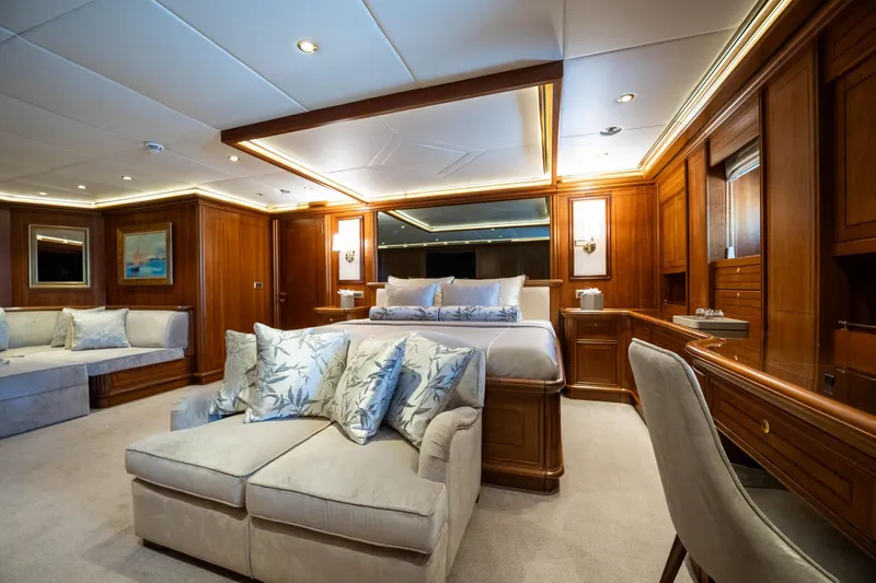 The Langley Yacht Photos Pics Luxurious interior of 2009 Aegean Yacht 3 Mast Schooner with elegant wood paneling and plush seating.