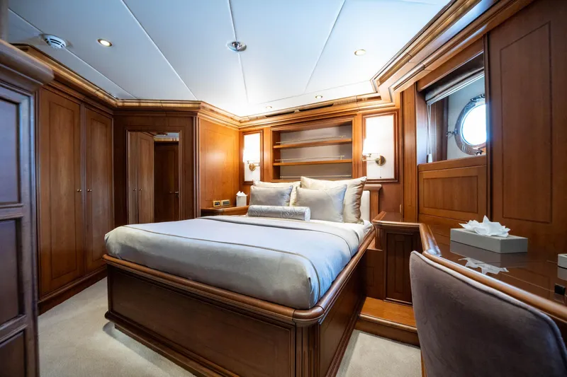 The Langley Yacht Photos Pics Luxurious cabin interior of 2009 Aegean Yacht 3 Mast Schooner with elegant wood finish.