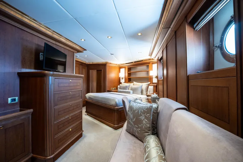 The Langley Yacht Photos Pics Luxurious cabin interior of 2009 Aegean Yacht 3 Mast Schooner with elegant wood paneling.