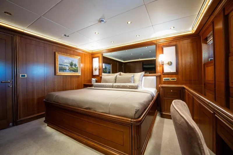 The Langley Yacht Photos Pics Luxurious cabin interior of 2009 Aegean Yacht 3 Mast Schooner with elegant wood paneling.