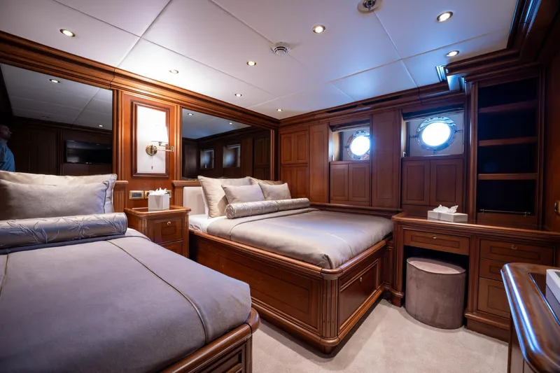 The Langley Yacht Photos Pics Luxurious cabin interior of 2009 Aegean Yacht 3 Mast Schooner with elegant wood finish.