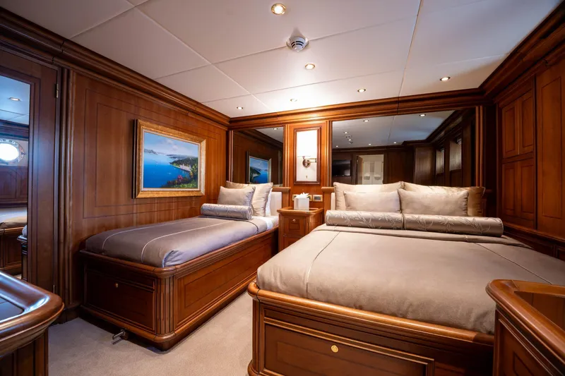 The Langley Yacht Photos Pics Luxurious cabin interior of 2009 Aegean Yacht 3 Mast Schooner with elegant wood paneling.