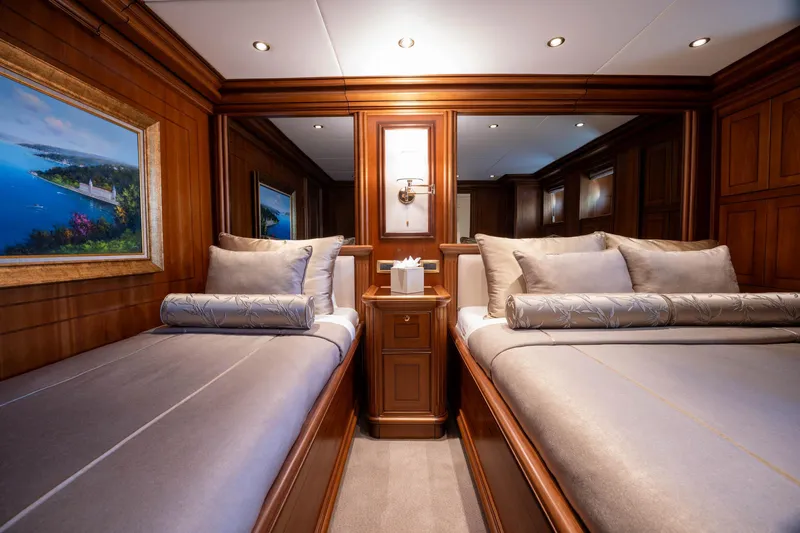 The Langley Yacht Photos Pics Luxurious cabin interior of 2009 Aegean Yacht 3 Mast Schooner with elegant wood paneling.