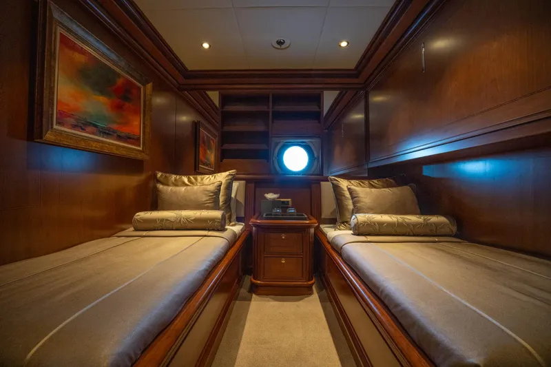 The Langley Yacht Photos Pics Luxurious cabin interior of 2009 Aegean Yacht 3 Mast Schooner with twin beds and elegant decor.