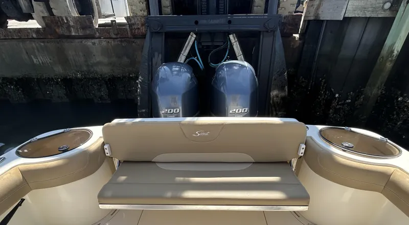  Yacht Photos Pics 2018 Scout 275 LXF boat with twin 200 horsepower engines at dock.