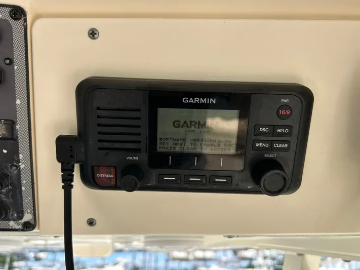  Yacht Photos Pics Garmin VHF radio on 2018 Scout 275 LXF boat dashboard.