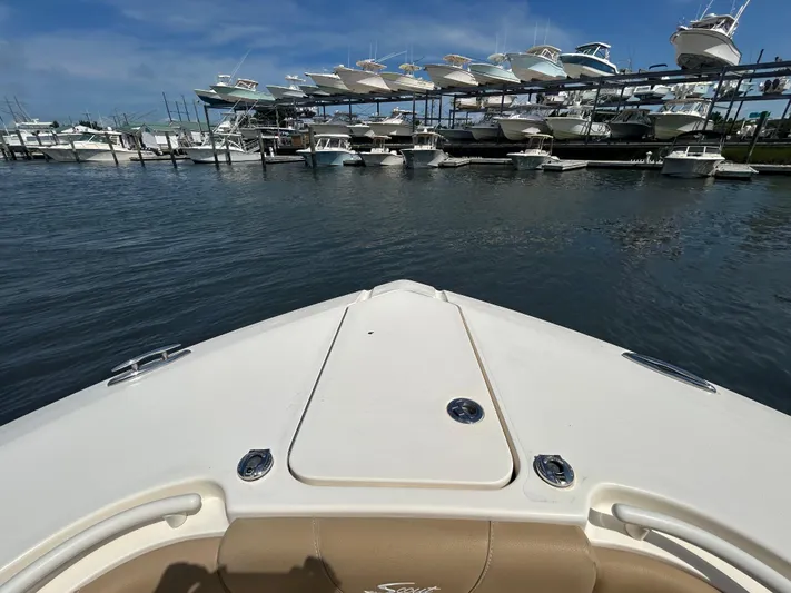  Yacht Photos Pics Bow view of 2018 Scout 275 LXF boat at marina with stacked vessels.