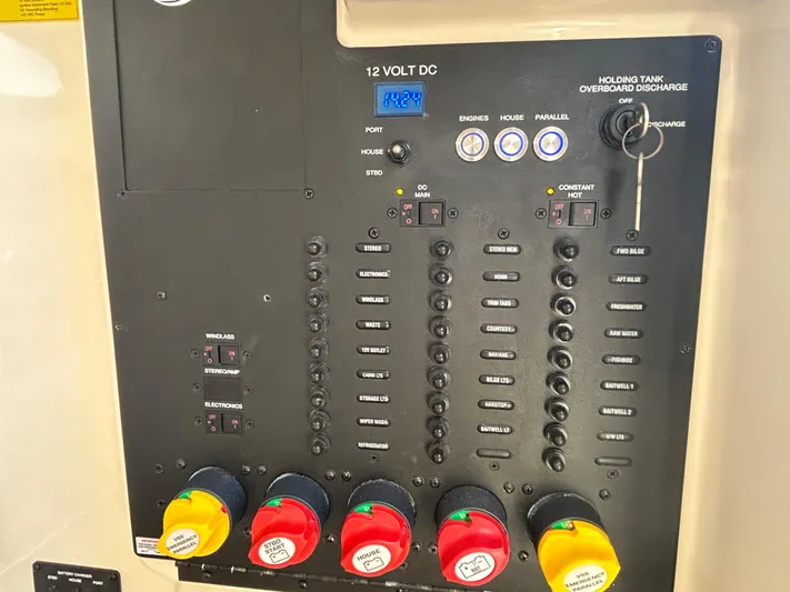  Yacht Photos Pics Control panel of a 2018 Scout 275 LXF boat with switches and indicators.