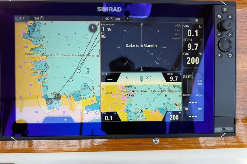Lark Yacht Photos Pics Simrad navigation display on 2000 Little Harbor Whisper Jet 34, showing Newport Harbor map.