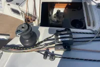 Deck of 2003 Solaris 36 sailboat with winch and rope clutches.