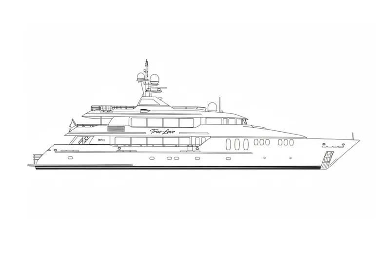 True Love Yacht Photos Pics Line drawing of a 2003 Trinity Yachts motoryacht, side profile view.