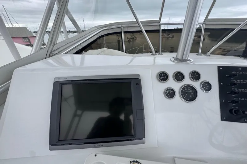  Yacht Photos Pics 1979 Hatteras 53 Motor Yacht helm with Garmin display and gauges.