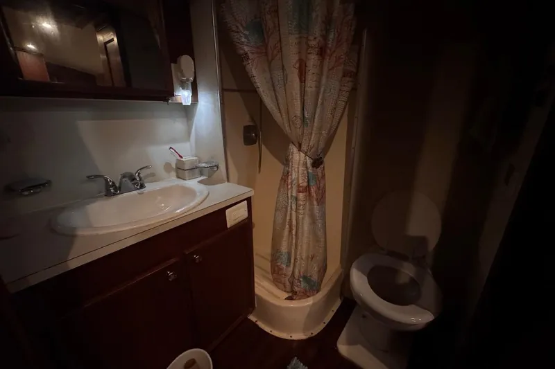  Yacht Photos Pics 1979 Hatteras 53 Motor Yacht bathroom with sink, shower, and toilet.