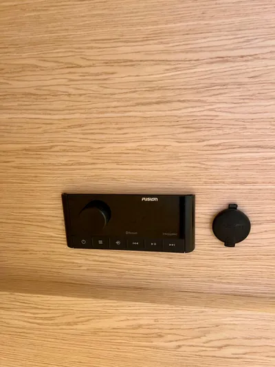  Yacht Photos Pics Fusion audio control panel on Solaris Power 44 Open 2024 yacht interior.