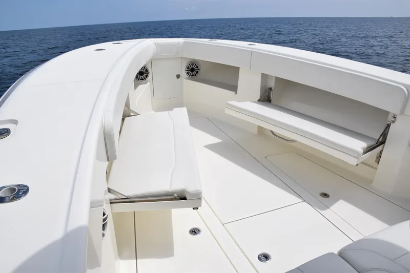  Yacht Photos Pics 2020 SeaVee 370z boat interior with white seating and ocean view.