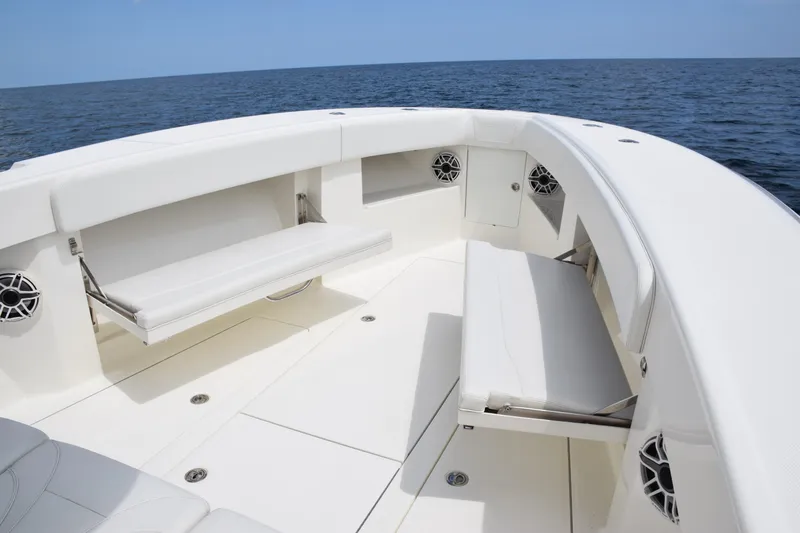  Yacht Photos Pics 2020 SeaVee 370z boat interior with white seating and ocean view.