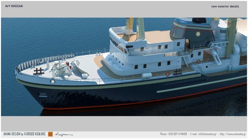 Khozam Yacht Photos Pics Alt text: "1974 Expedition ship, SCHICHAU UNTERWESER AG, BREMERHAVEN, with modern exterior design details."