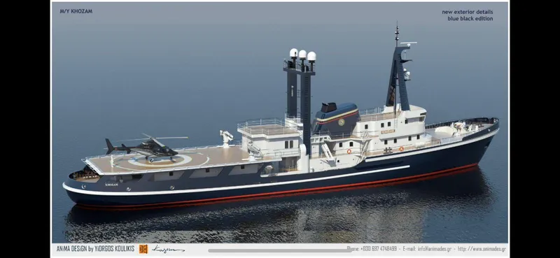 Khozam Yacht Photos Pics Expedition ship with helicopter, SCHICHAU UNTERWESER AG, 1974 model, on calm water.